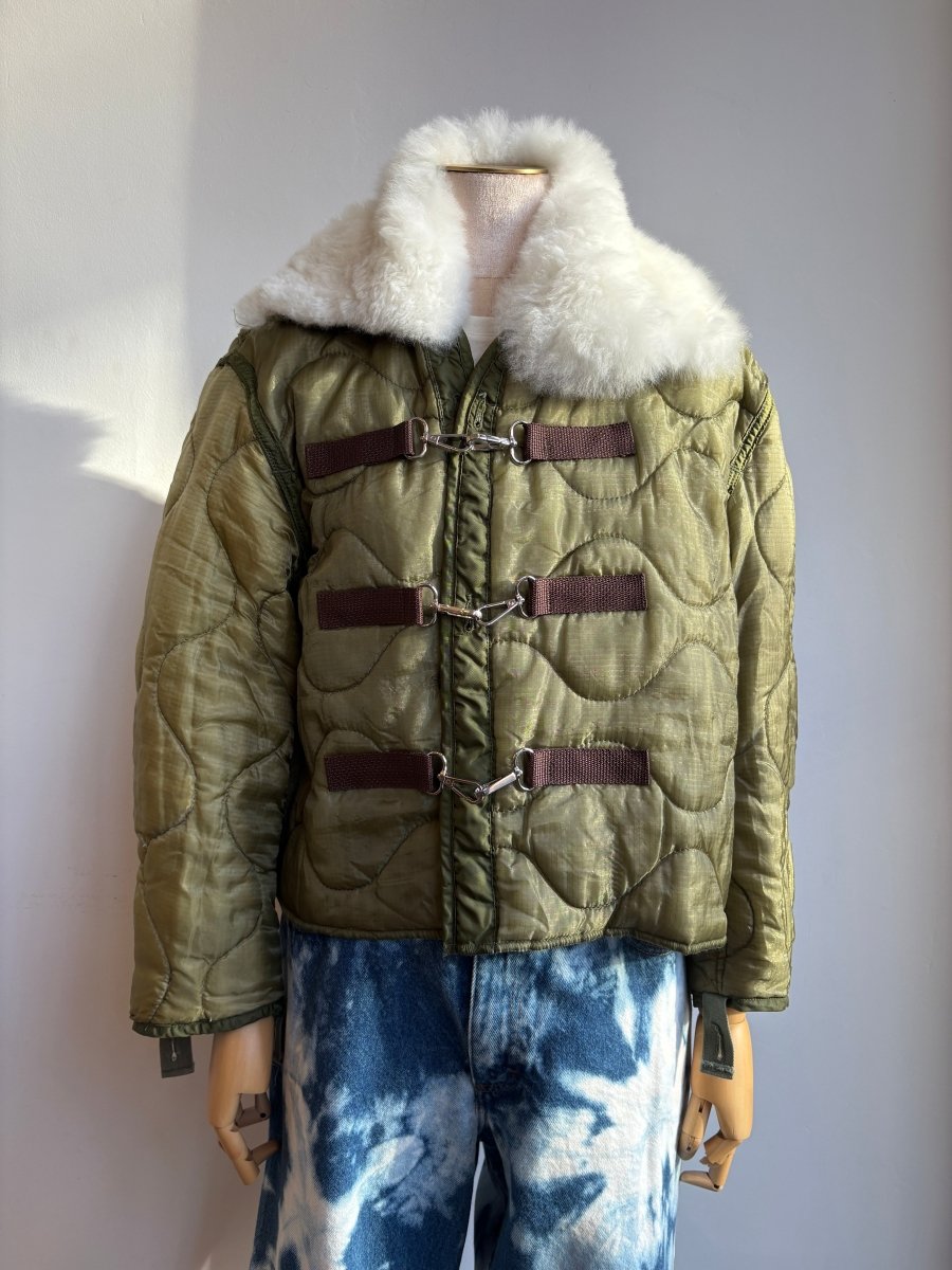 Olive Army Liner Quilted Coat w/ White Alpaca Fur Collar & Brown Canvas & Silver - Tone Clasps (Reworked) - Made X Hudson