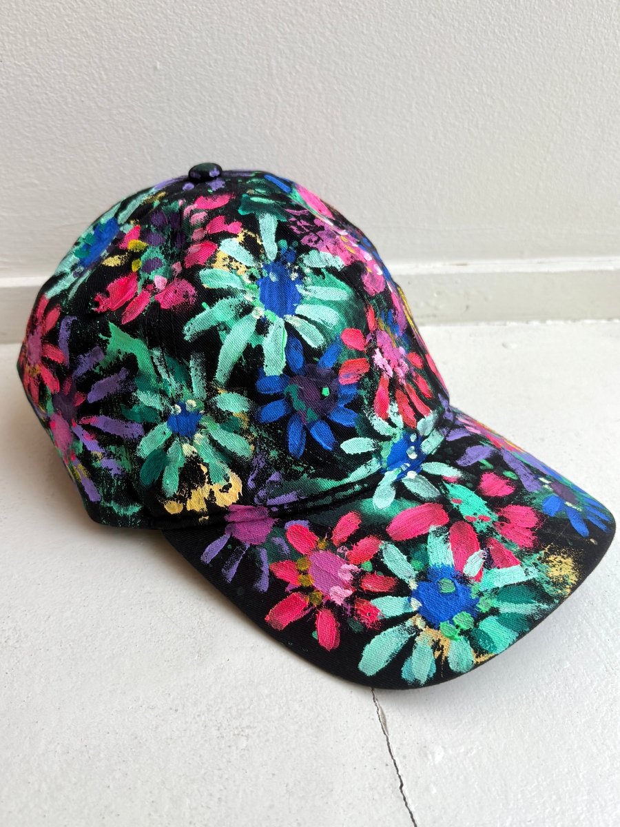 "Zelie" Black Baseball Cap w/ Pink and Aquamarine Neon Flowers | Hand Painted - Made X Hudson