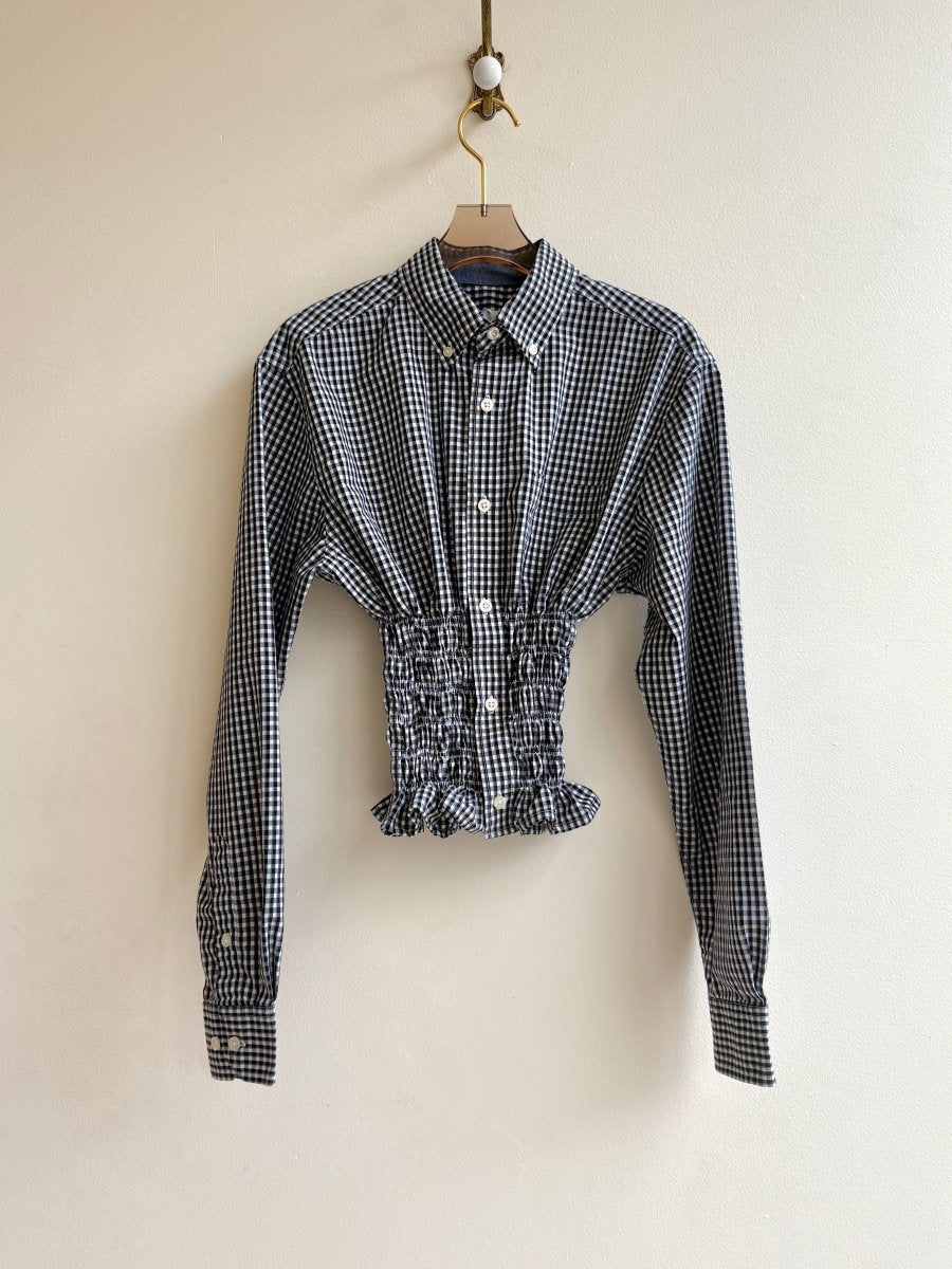 The George Top | Black & White Checkered Print Button Down Top w/ Smocked Waist (Reworked) - Made X Hudson