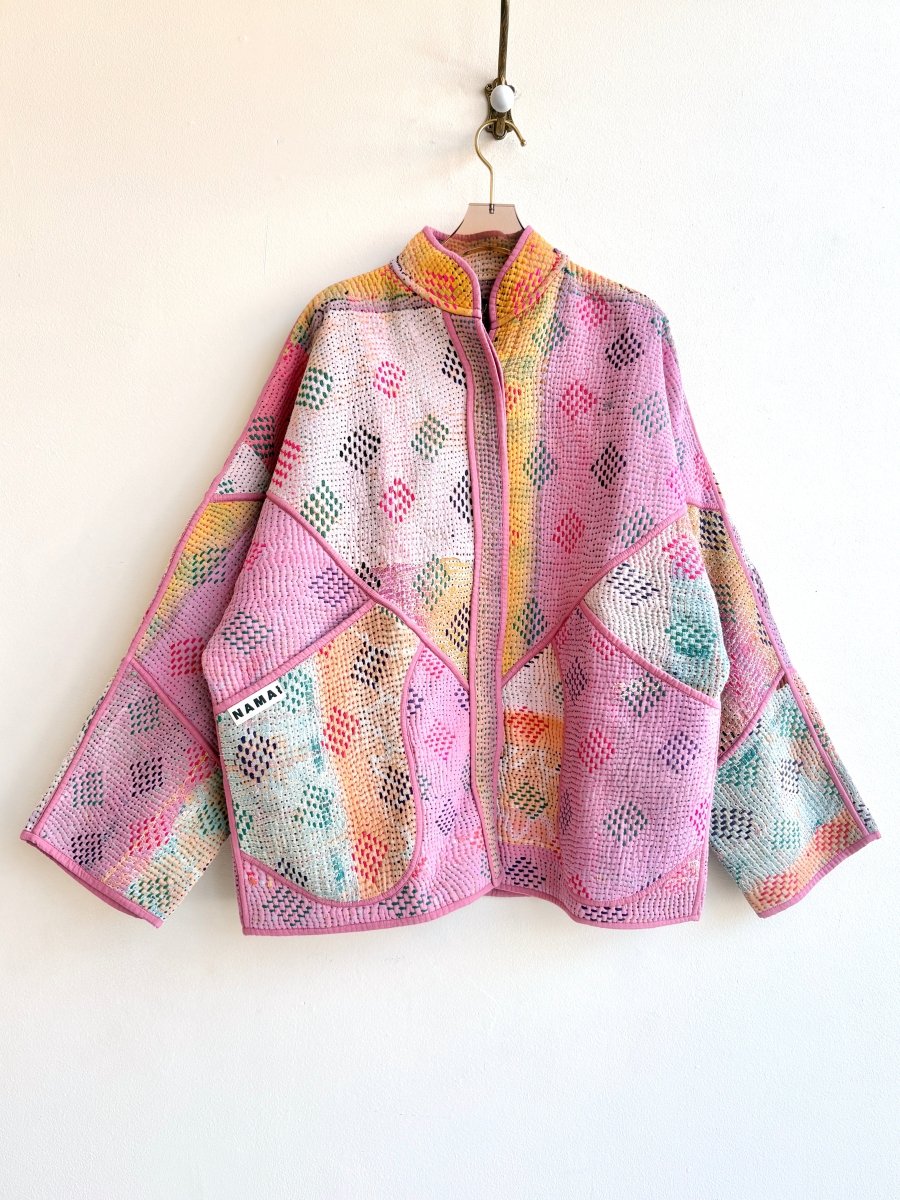 Reversible Ladhiya Quilted Jacket in Colors Pale Pink, Yellow, Cream Diamonds & Sunset Orange, Pink, Yellow - Made X Hudson