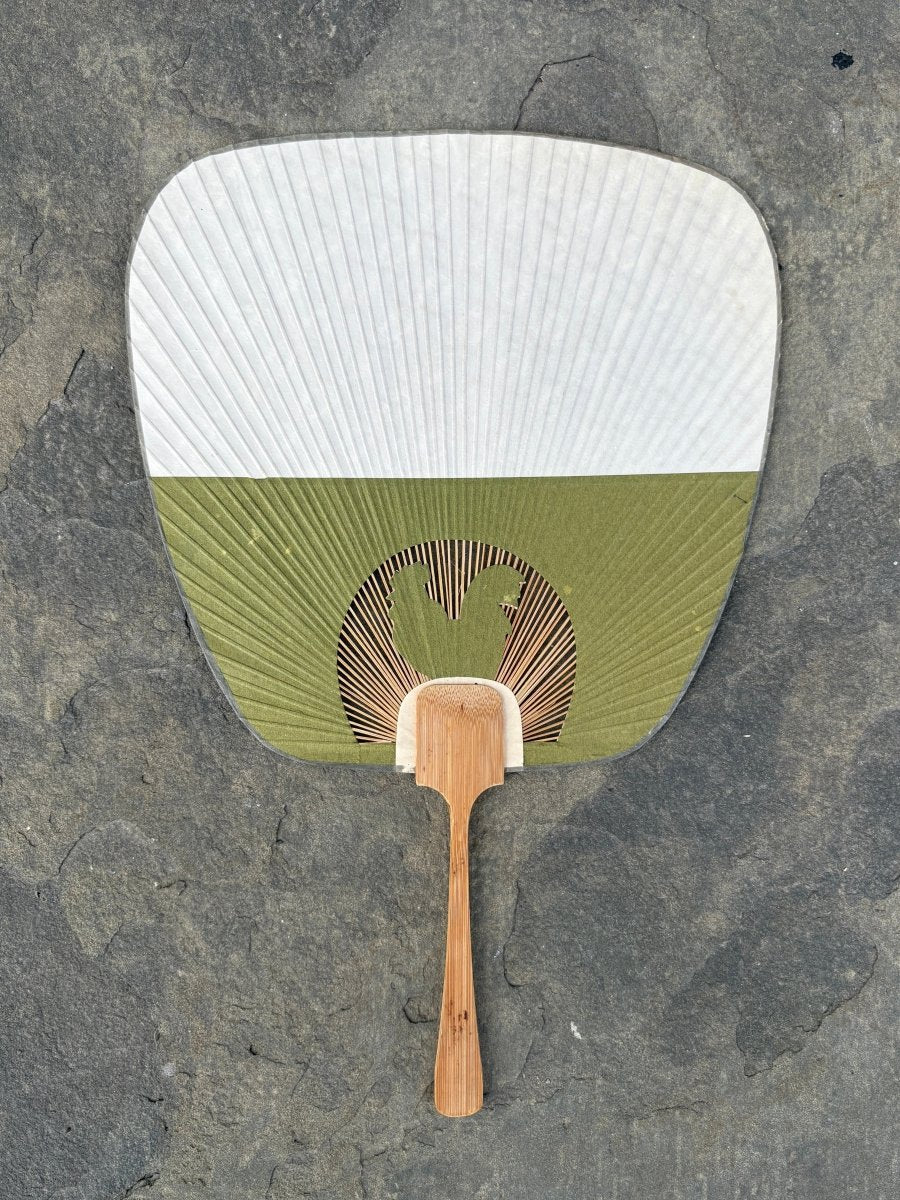 Olive Green & White Japanese Fan w/ Rooster (Vintage) - Made X Hudson