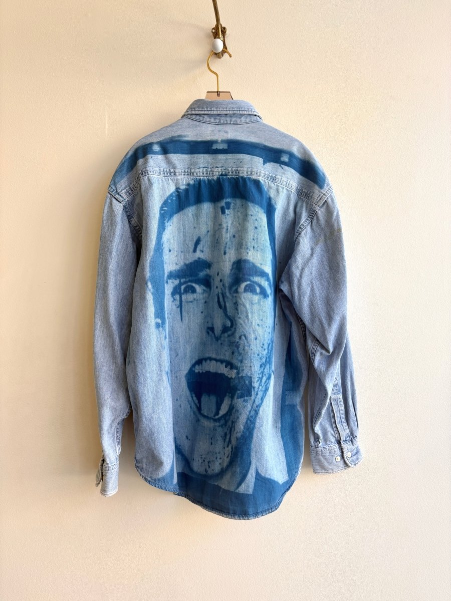 Patrick Bateman American Psycho Repeat on Denim | Cyanotype Print Button - Down (Reworked) - Made X Hudson