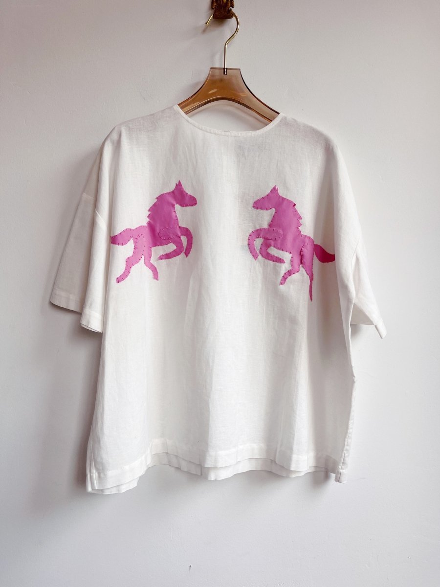 Hand - Appliqued Pink Ponies on Cotton Top - Made X Hudson