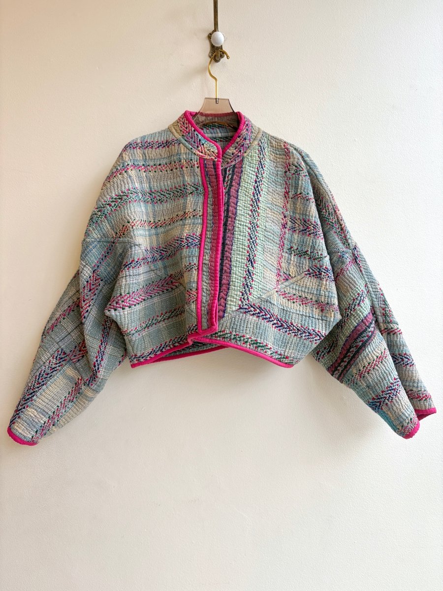 Reversible Kaira Quilted Cropped Jacket in Colors Seaweed Plaid, Rose, Citron & Cloud, Rain, Pink - Made X Hudson
