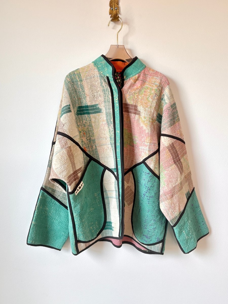 Reversible Ladhiya Quilted Jacket w/ Navy Blue, Orange & Floral Stripes & Turquoise w/ Pastel Plaid - Made X Hudson