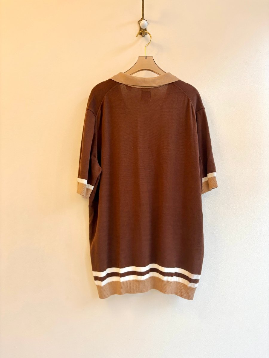 Max ń Chester | Brown, Tan, Cream Short Sleeve Knit Top w/ Button Front (Vintage) - Made X Hudson