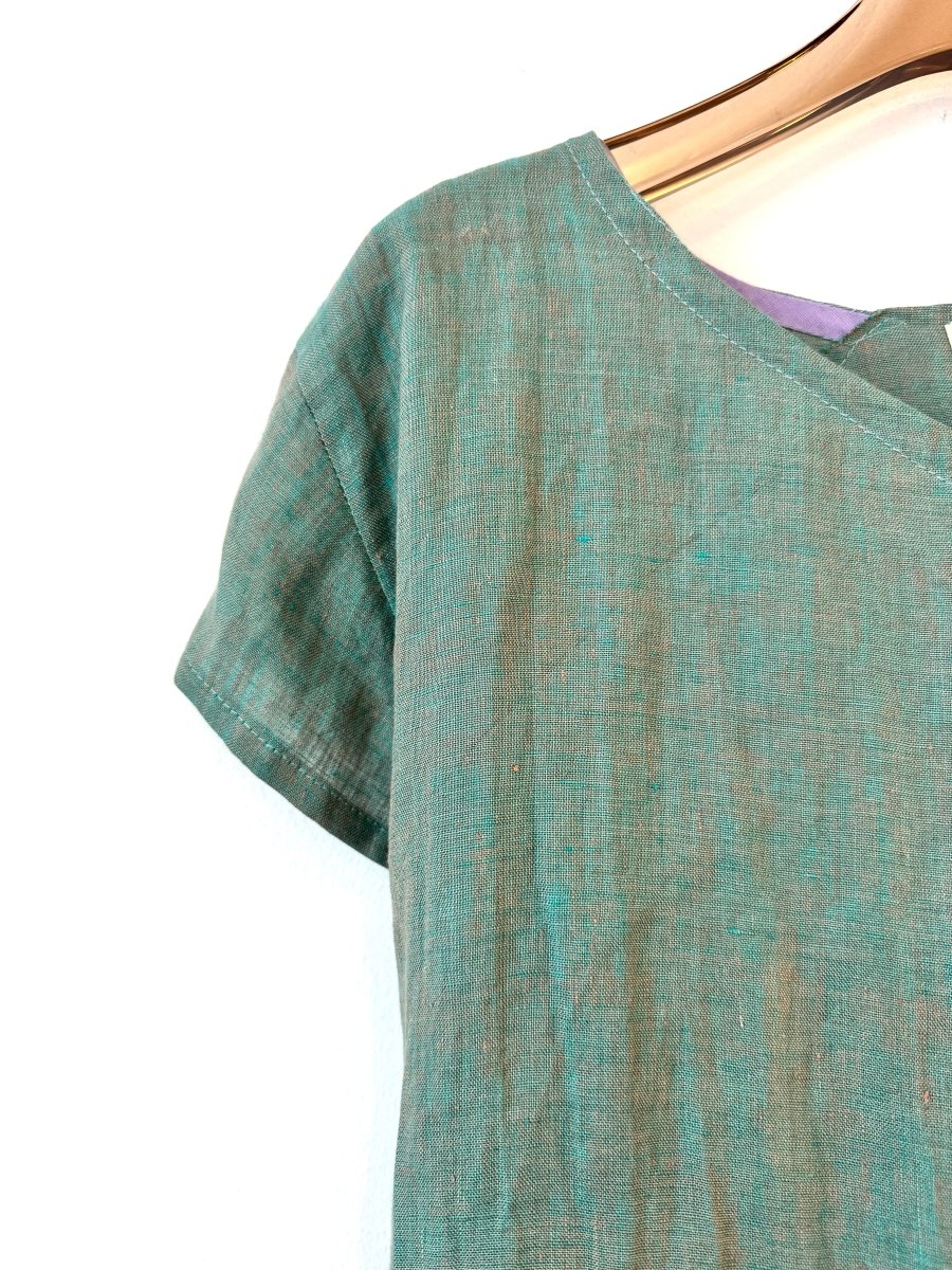 Two Tone Teal and Grey Linen Wrap Top - Made X Hudson