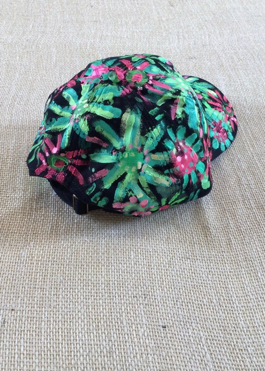 Black Hand Painted Neon Green & Pink Flowers Baseball Cap - Made X Hudson