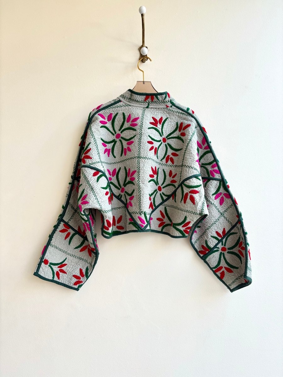 Reversible Kaira Quilted Cropped Jacket in Colors Pale Sage with Floral Embroidery - Made X Hudson