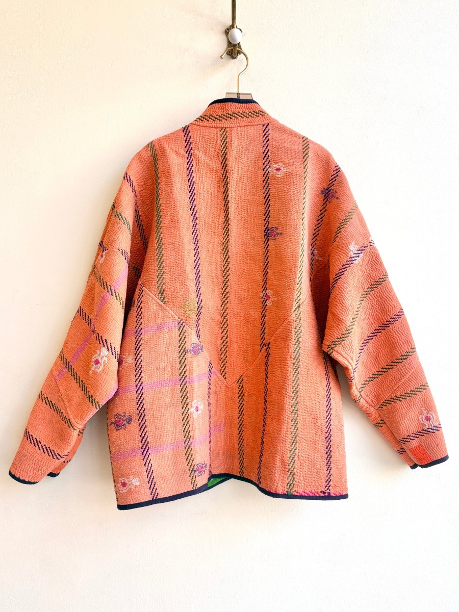 Reversible Ladhiya Quilted Jacket in Colors Green with Orange Floral & Orange Stripe - Made X Hudson