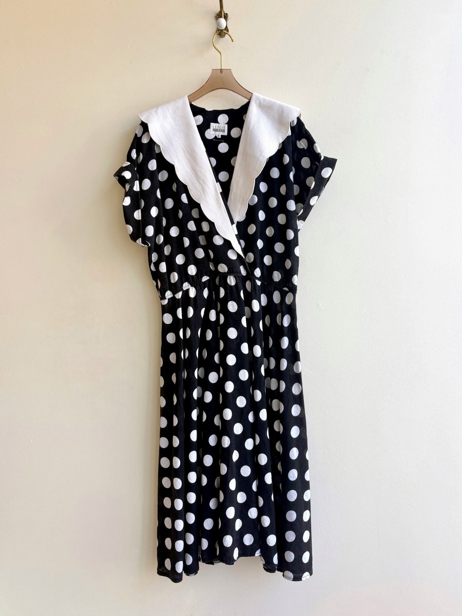 Leslie Fay | Black & White Polkadot Dress w/ Large Collar (Vintage) - Made X Hudson
