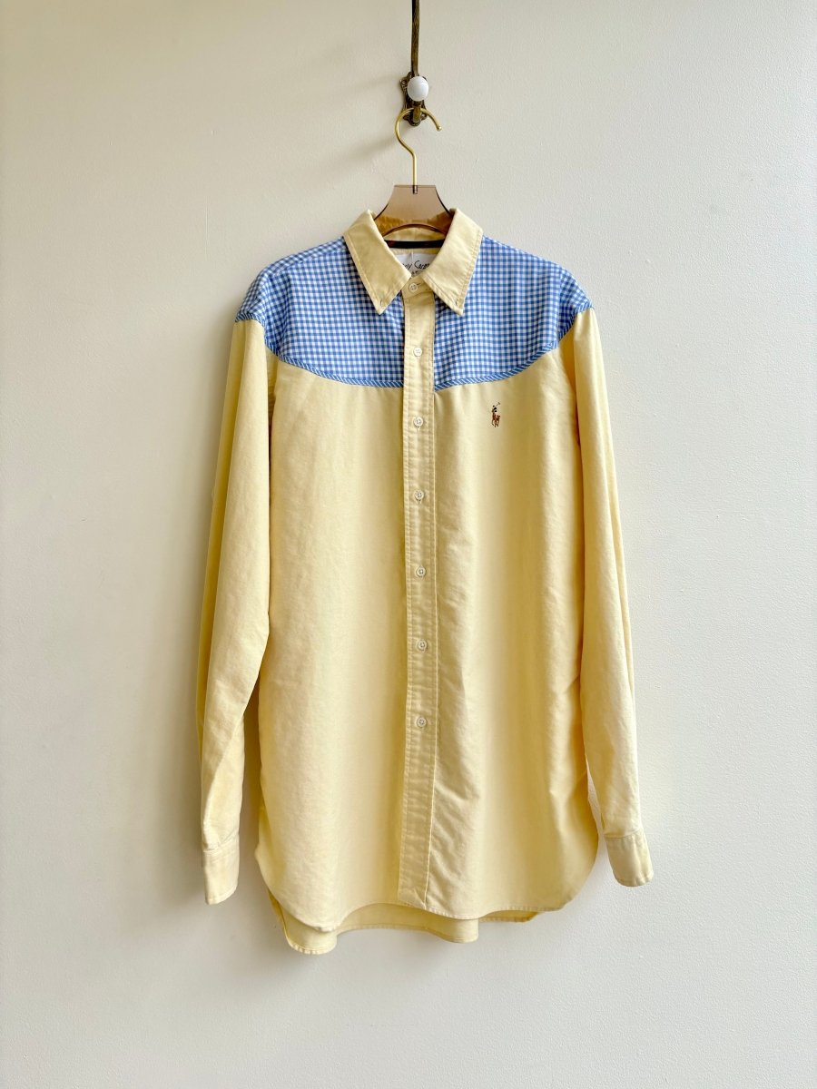 Austin Top | White & Yellow Pinstripe Button Down Top w/ Blue Check Shoulder Accent (Reworked) - Made X Hudson