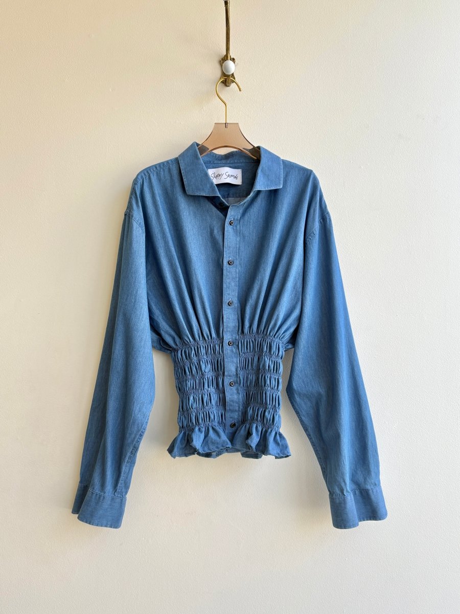 The George Top | Chambray Blue Button Down Top w/ Smocked Waist (Reworked) - Made X Hudson