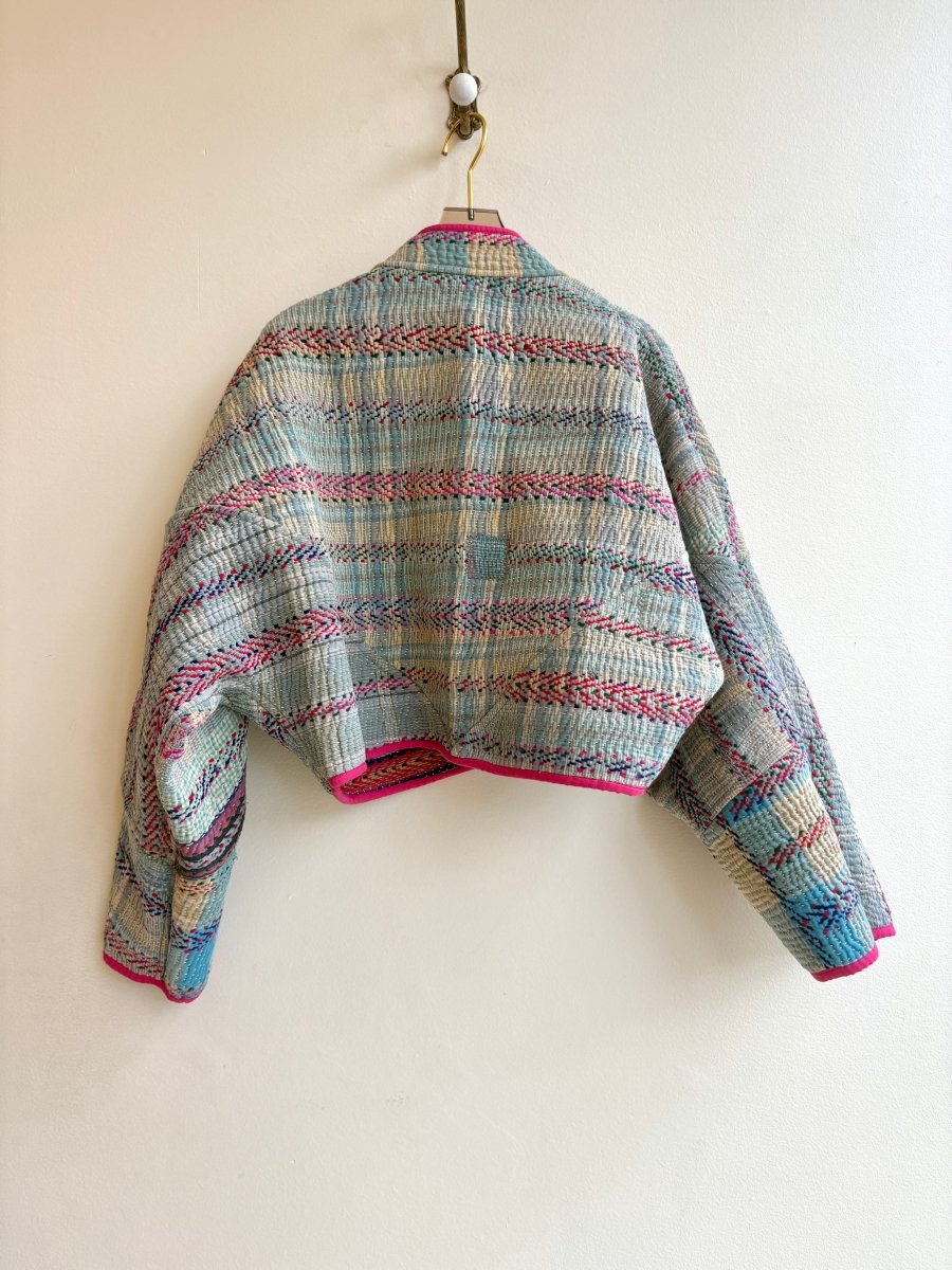 Reversible Kaira Quilted Cropped Jacket in Colors Seaweed Plaid, Rose, Citron & Cloud, Rain, Pink - Made X Hudson