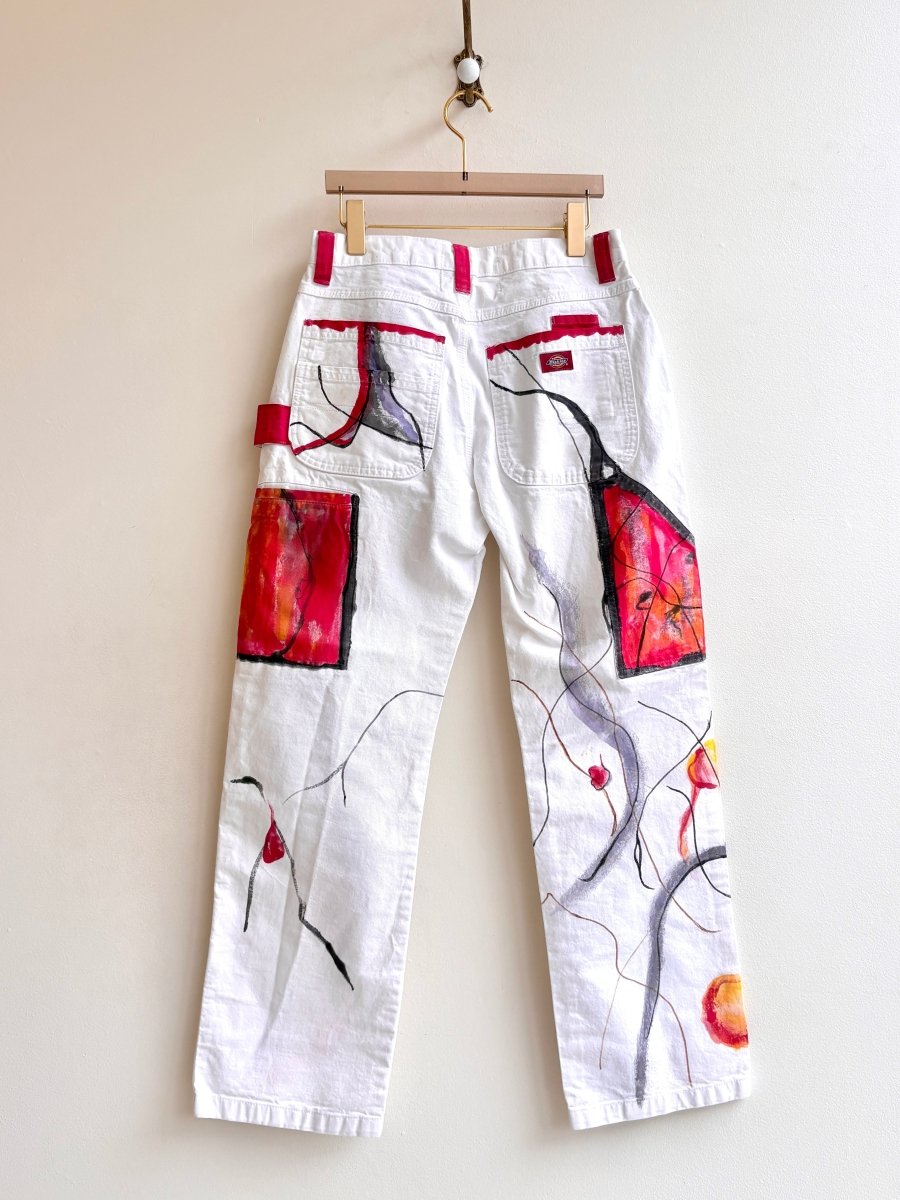 Red, Grey & Yellow Abstract Printed, Painted & Hand Drawn Pants (Reworked) - Made X Hudson