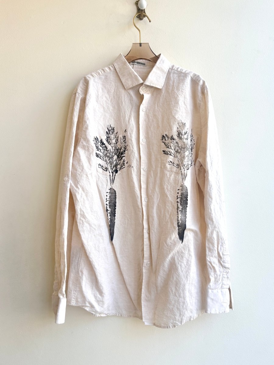 “Tilly” Soft Tan White Linen Carrot Print Shirt (Reworked) - Made X Hudson