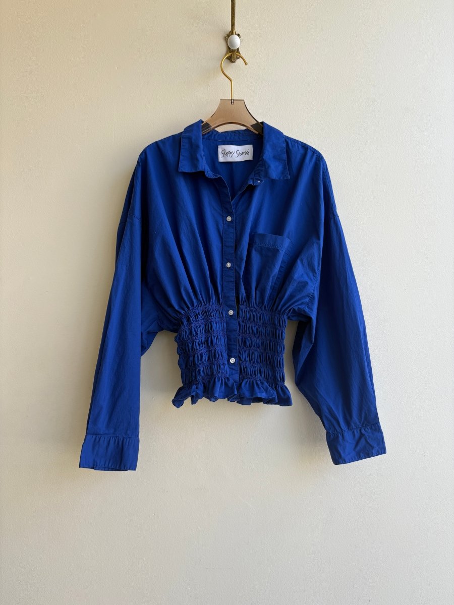 The George Top | Electric Blue Button Down Top w/ Smocked Waist (Reworked) - Made X Hudson