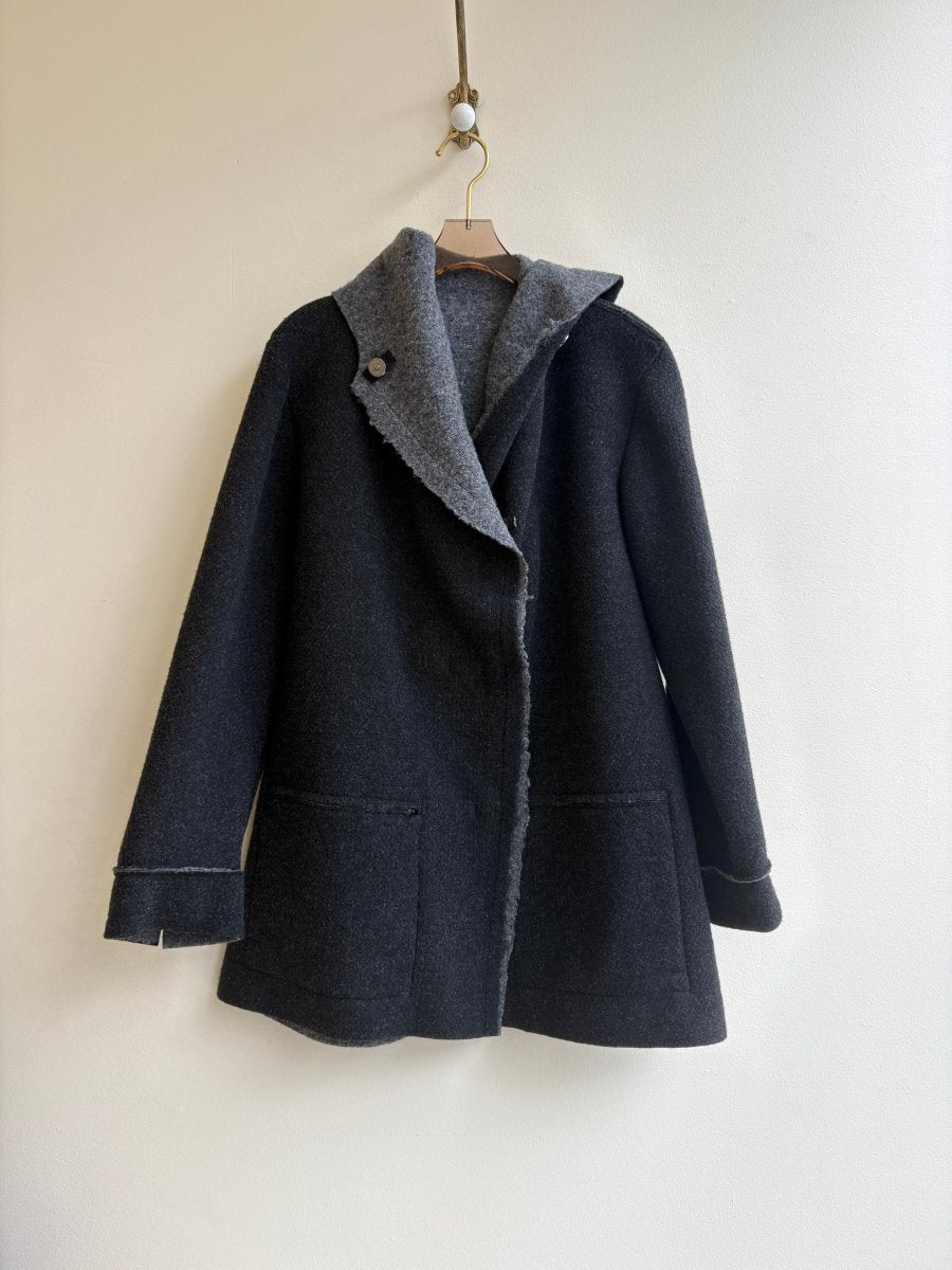 Grey & Black | Reversible Wool Hooded Over Coat w/ Pockets - Made X Hudson