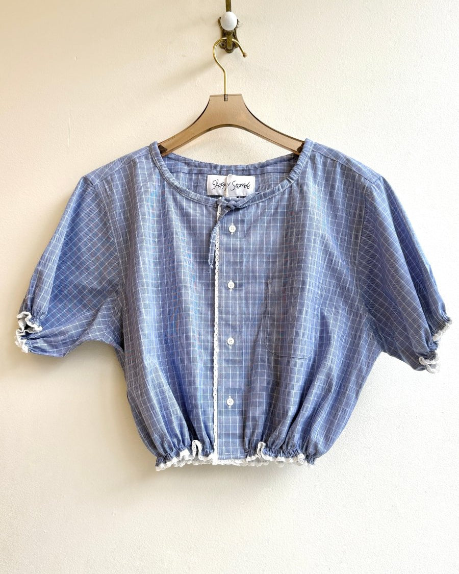 The Henry Top | Steel Blue Micro Grid Cap Sleeve w/ Smocked Waist & Eyelet Trim (Reworked) - Made X Hudson