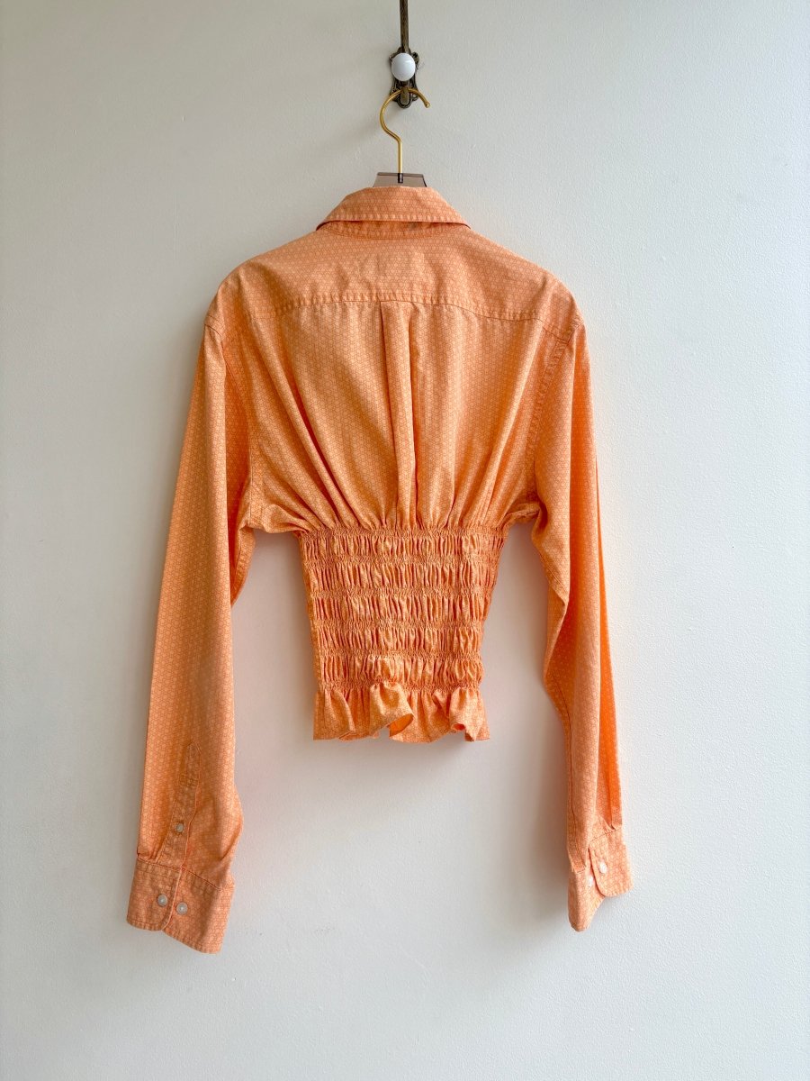 The George Top | Orange Retro Print Button Down Top w/ Smocked Waist (Reworked) - Made X Hudson