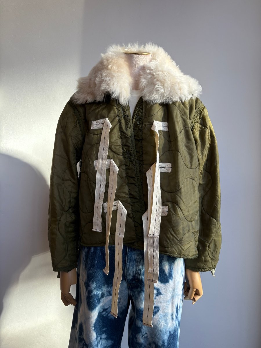 Olive Army Liner Quilted Coat w/ Cream Alpaca Fur Collar & Twill Tape Tie Closure (Reworked) - Made X Hudson