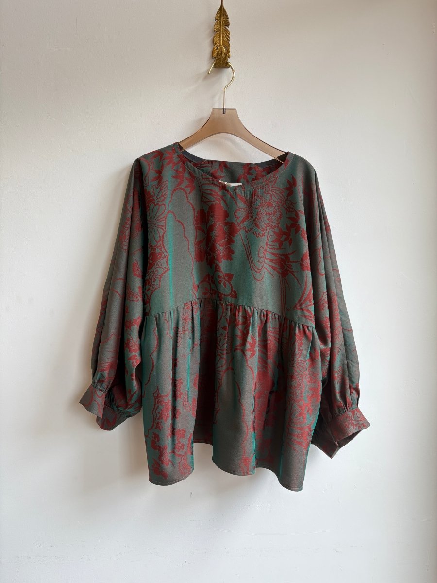 Teal & Burgundy Iridescent Floral Print Zero - Waste Ruffle Blouse - Made X Hudson