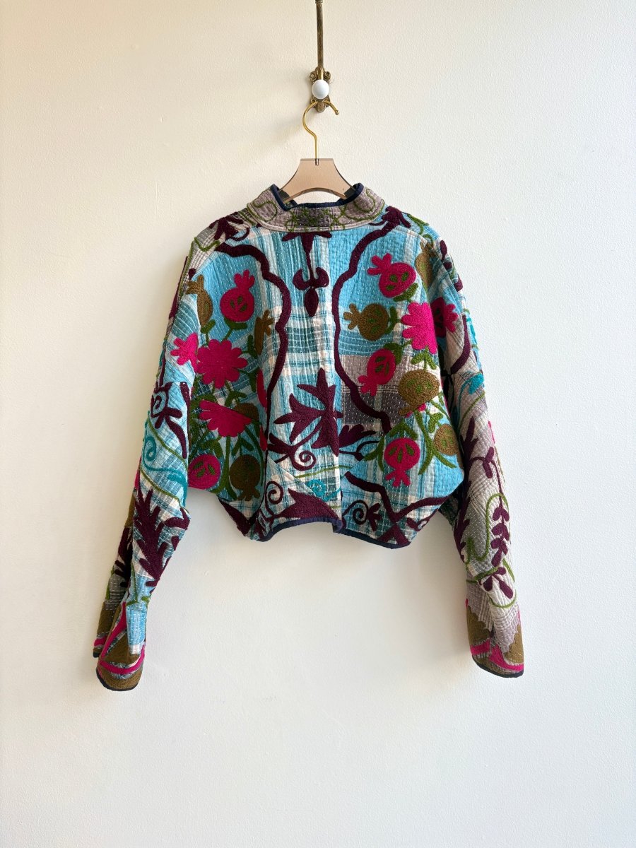 Reversible Suzani Quilted Cropped Jacket in Colors Green, Purple, Burgundy, Mustard & Sky Blue, Grey, Purple, Hot Pink - Made X Hudson