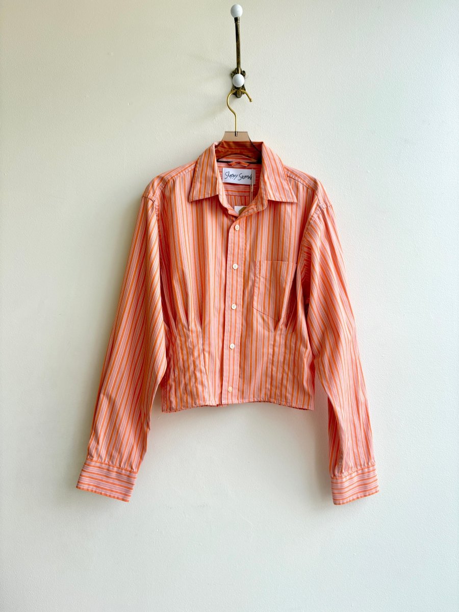 The Kevin Top | Orange Striped Button Down Top w/ Gathered Waist (Reworked) - Made X Hudson