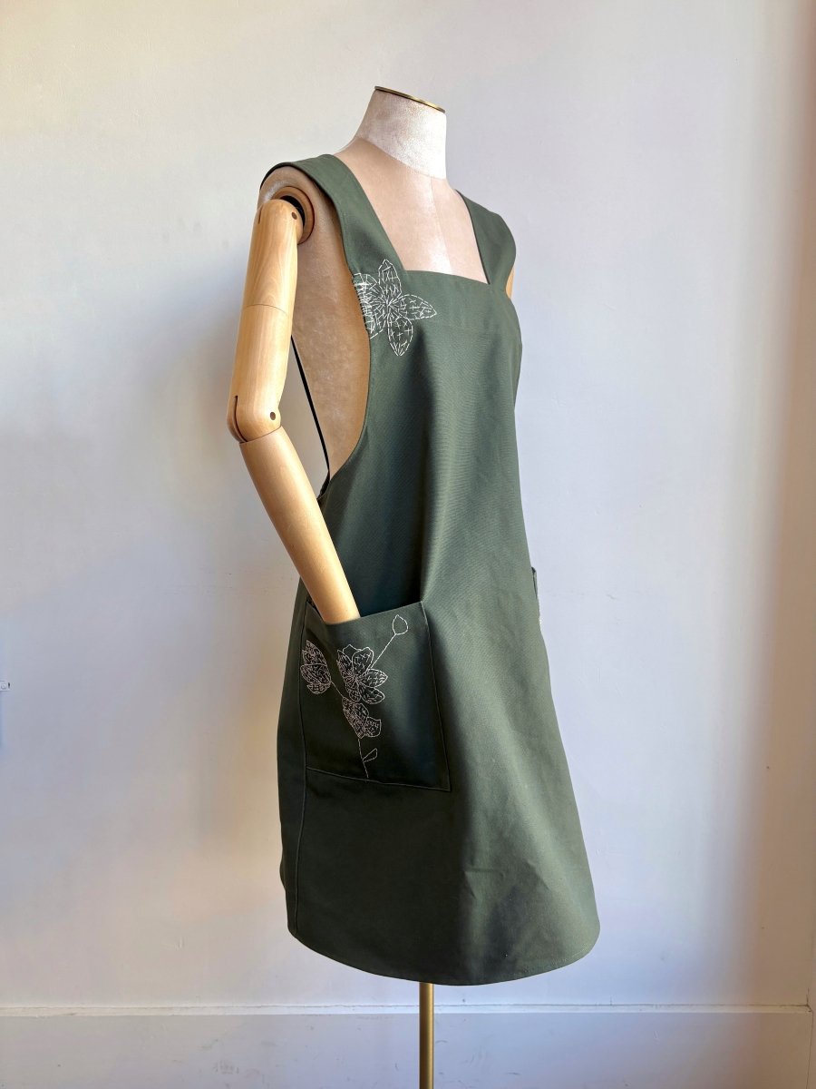Army Green Cotton Canvas Hand - Embroidered Pinafore Apron - Made X Hudson