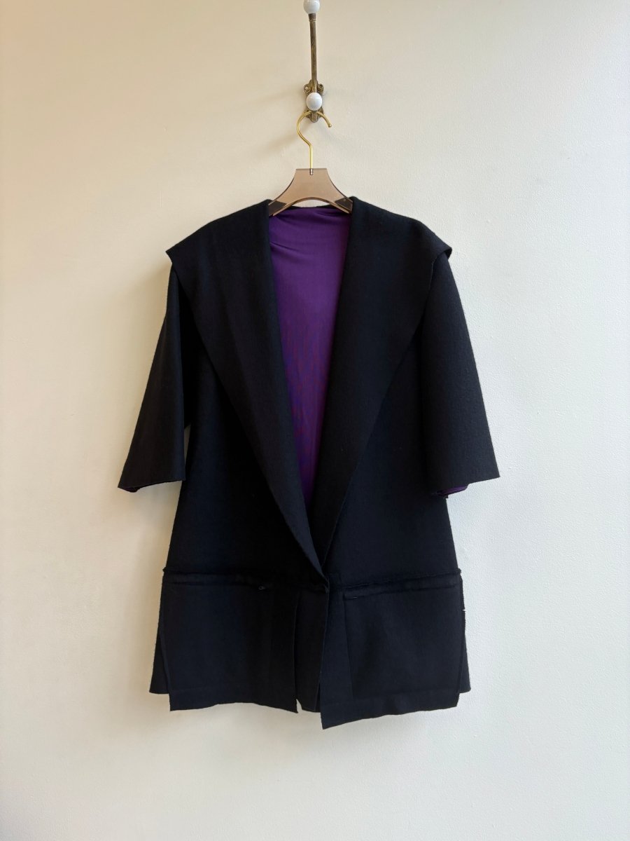 Black Wool | Hooded Over Coat w/ Pockets & 3/4 Sleeve - Made X Hudson