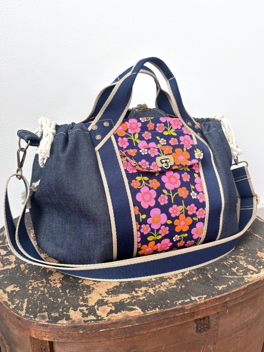 Mini Cross - Body Duffel Bag in Denim and Pink Retro Flowers w/ Navy Webbing - Made X Hudson