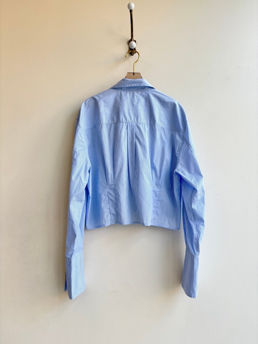 The Kevin Top | Mini Stripe Pale Blue & White Top w/ Gathered Waist (Reworked) - Made X Hudson