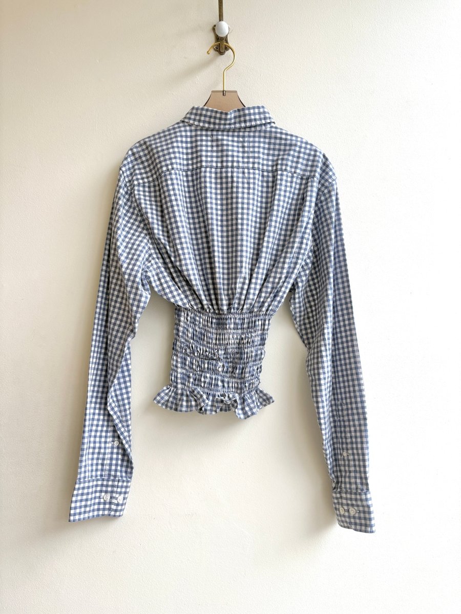 The George Top | Grey/Blue Gingham Button Down Top w/ Smocked Waist (Reworked) - Made X Hudson