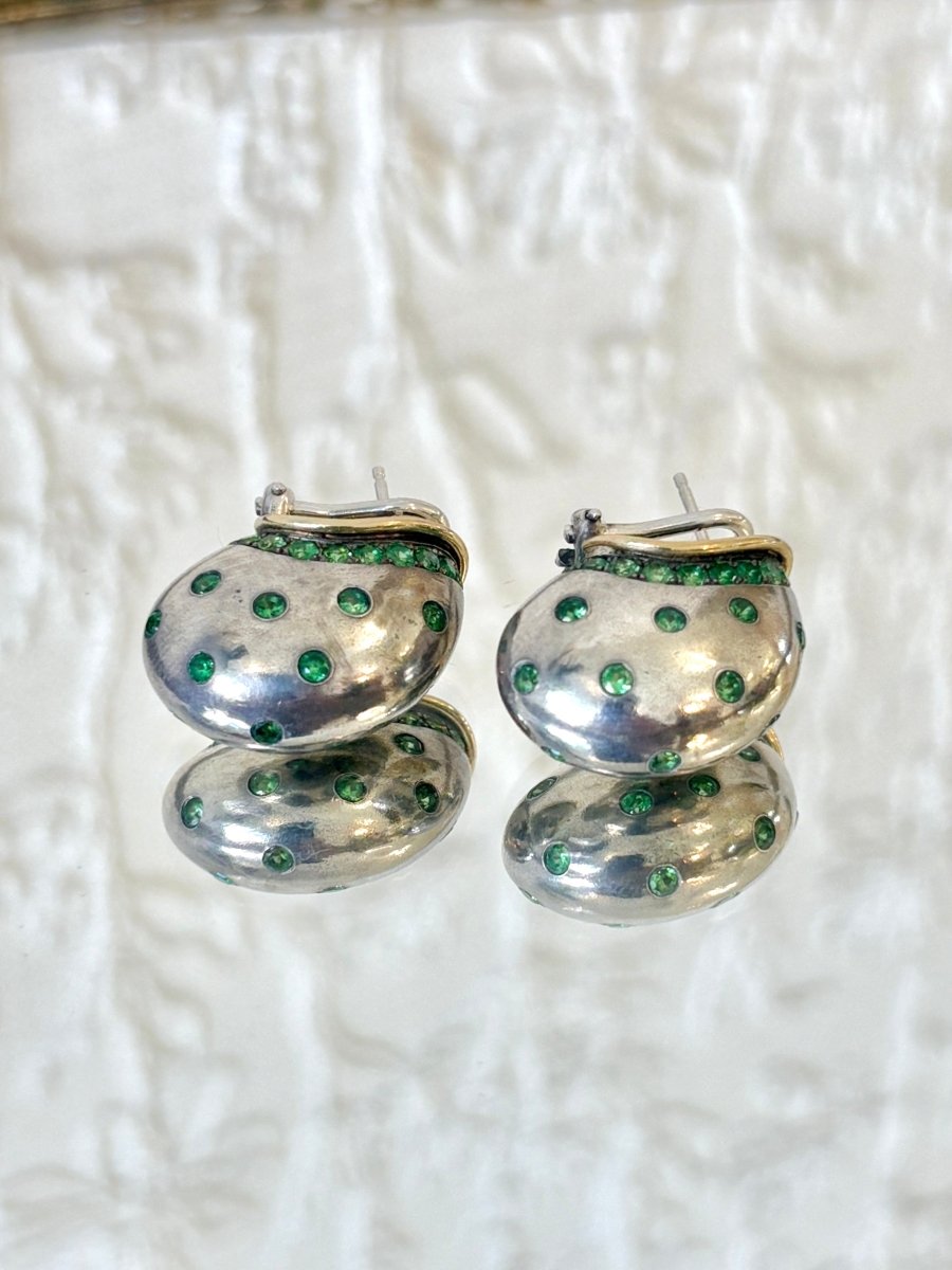 Nautilus Silver Tsavorite Garnets and 18k Gold Rim Earrings - Made X Hudson