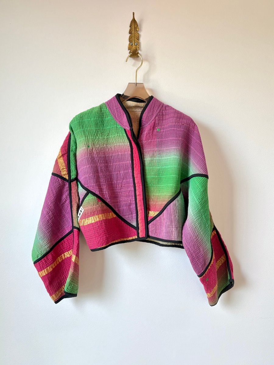 Reversible Kaira Quilted Cropped Jacket in Colors Purple, Pink, Green, Gold & Ecru, Mauve, Red, Green - Made X Hudson