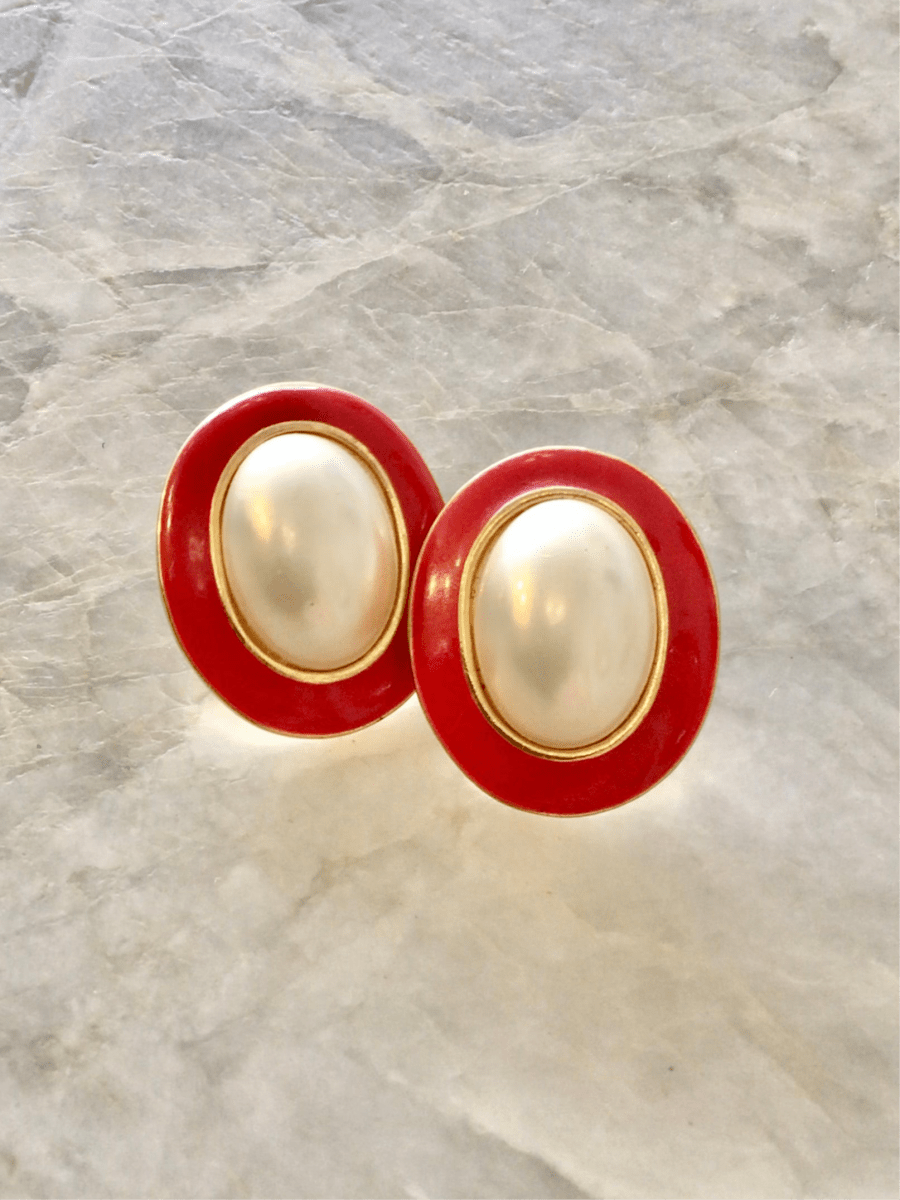 Vintage Jackie O Oval Pearl Earrings with Red Enamel Border (Vintage) - Made X Hudson