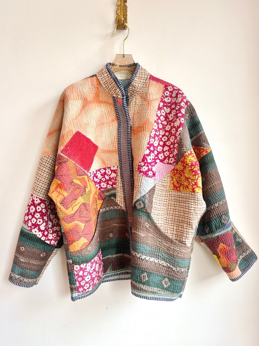 Reversible Ladhiya Quilted Jacket in Colors Pale Blue, Navy, Mint, Cream & Multi - Colored Patchwork - Made X Hudson