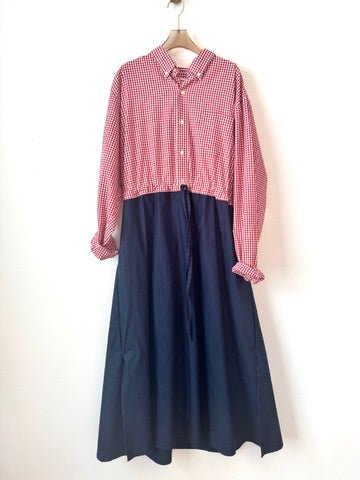 Lucius Shirt Dress in Cherry Red Gingham with Navy Skirt (Reworked) - Made X Hudson