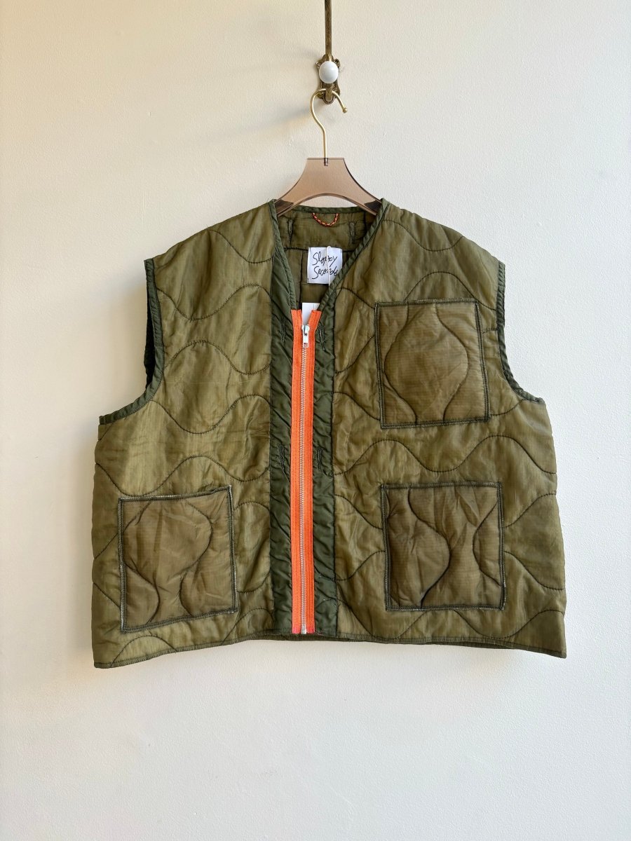 Olive Green Army Liner Quilted Vest w/ Orange Zipper & Pockets (Reworked) - Made X Hudson