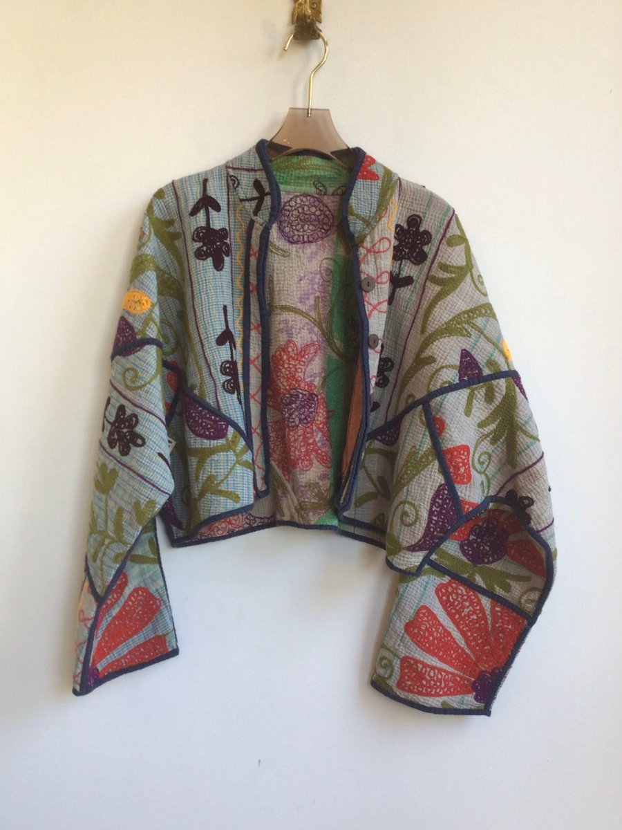 Reversible Kaira Suzani Quilted Cropped Jacket in Colors Blue, Green, Lavender, Red & Lavender, Blush, Soft Green, Red, Purple - Made X Hudson