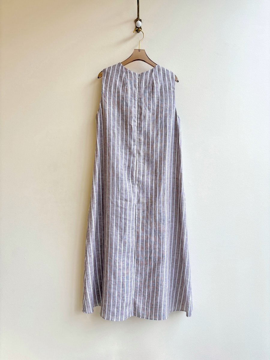 Brown Pinstripe Linen Chore Dress w/ Patch Pockets - Made X Hudson