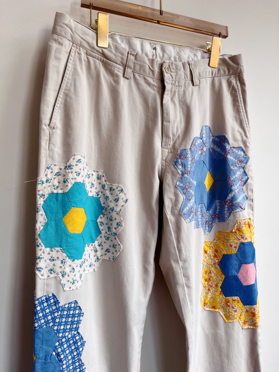 Grandmother’s Garden Quilt Block Applique Chinos w/ Blue (Reworked) - Made X Hudson