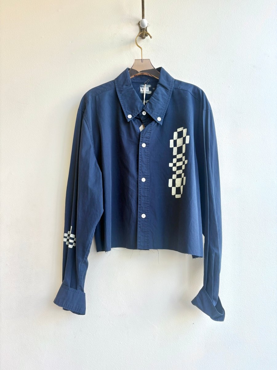 Deep Navy and Cream Overshot Crop Button-Up | Hand Painted (Reworked) - Made X Hudson