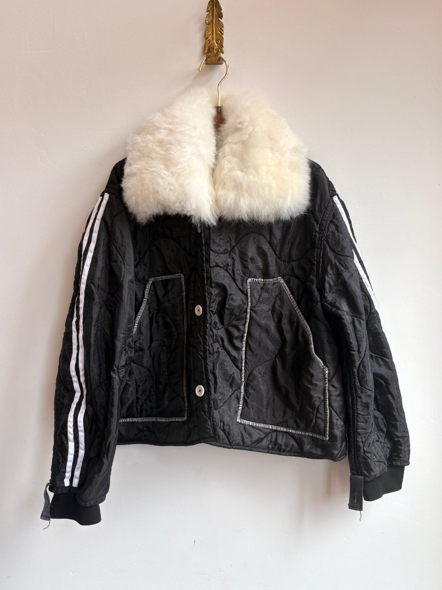 Black Army Liner Quilted Coat w/ White Alpaca Fur Collar, Athletic Stripe & White Buttons (Reworked) - Made X Hudson