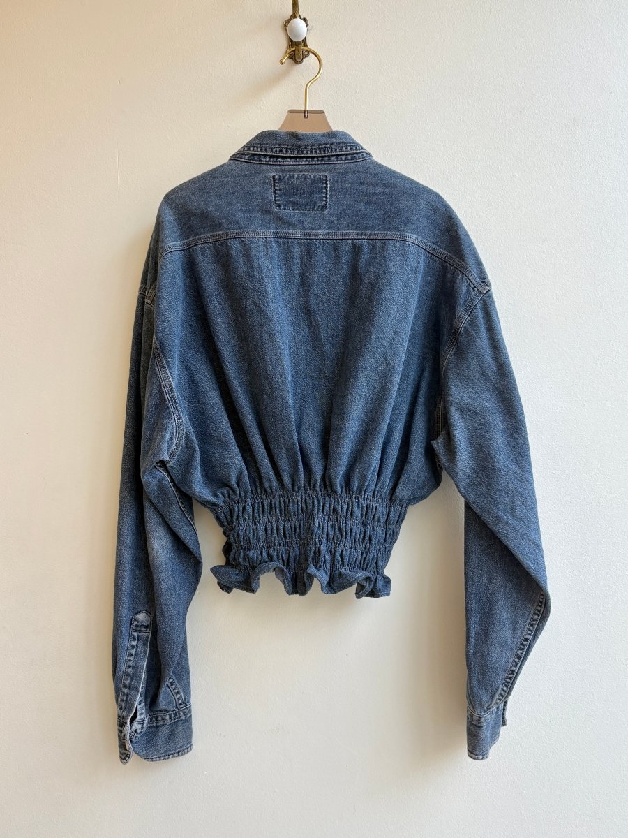 The George Top | Slate Blue Denim Button Down Top w/ Smocked Waist (Reworked) - Made X Hudson