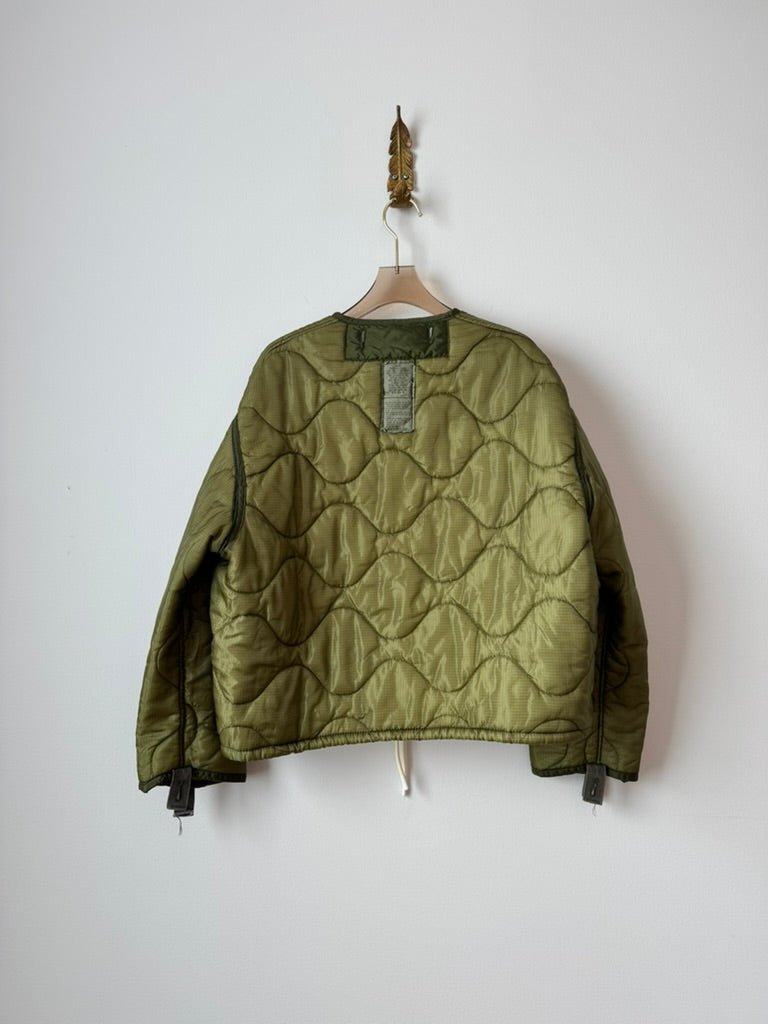 Light Olive Green Army Liner Quilted Coat w/ Patch Pockets & White Drawstring (Reworked) - Made X Hudson
