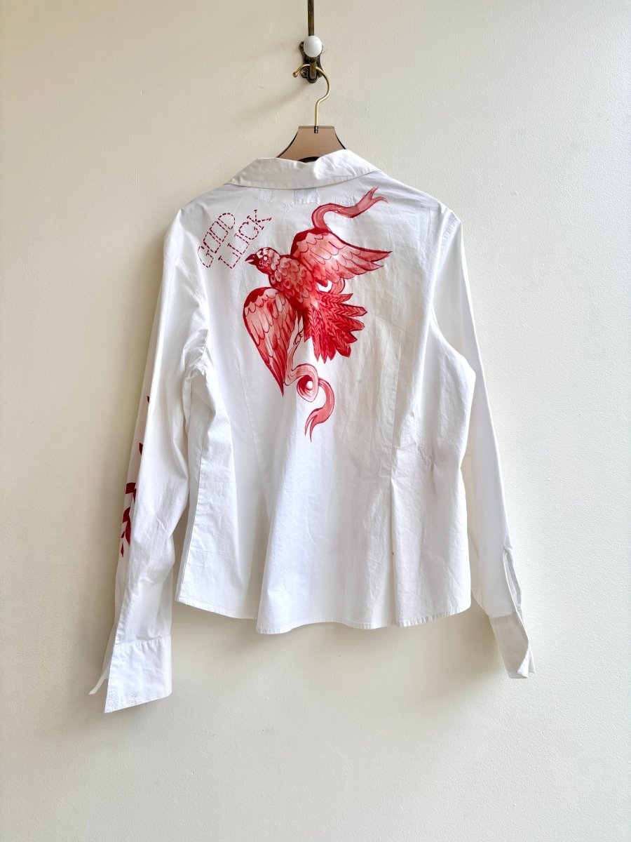 Good Luck Mixed Folk Button Down in White and Crimson | Hand Painted (Reworked) - Made X Hudson