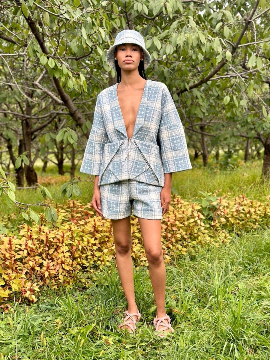 Pale Blue Wool Tweed Shorts w/ Crystal Accent - Made X Hudson