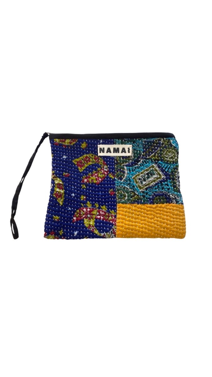 Biju Vintage Kantha Quilted Zipper Pouch in Colors Yellow, Blue, Turquoise & Green - Made X Hudson