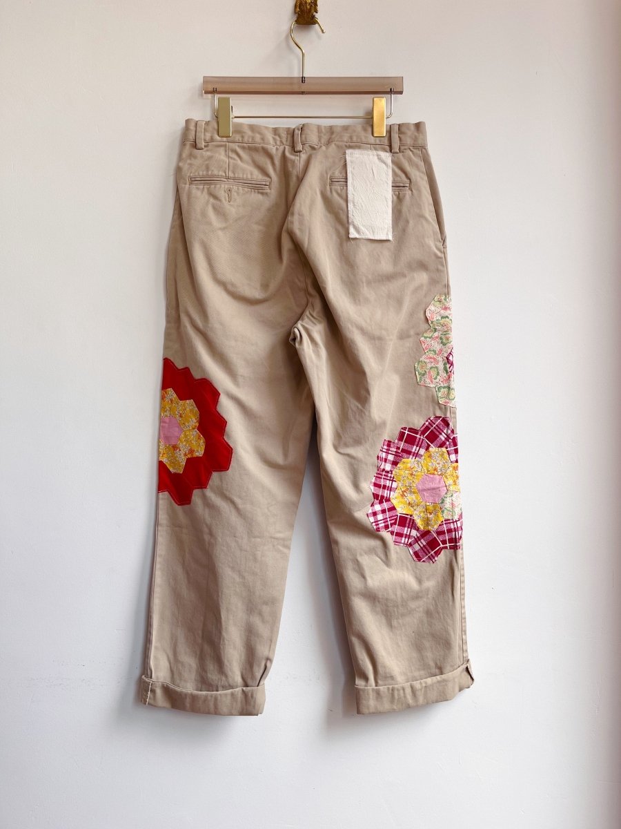 Grandmother’s Garden Quilt Block Applique Chinos w/ Red & Yellow (Reworked) - Made X Hudson